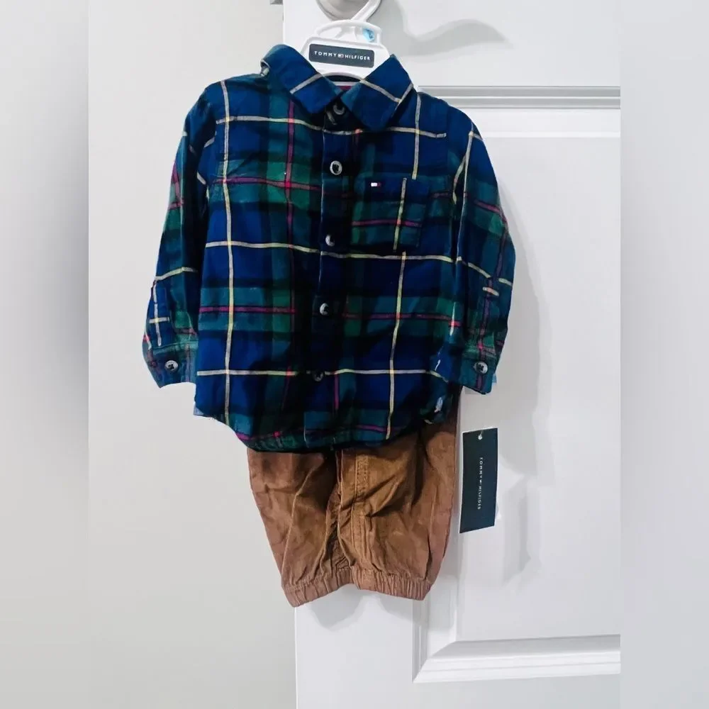 Tommy Hilfiger Baby Boys 2-Piece Plaid Shirt & Pants Set 6-9M NWT $55